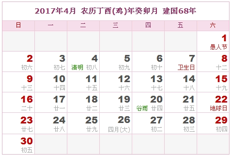 2017年4月日历表